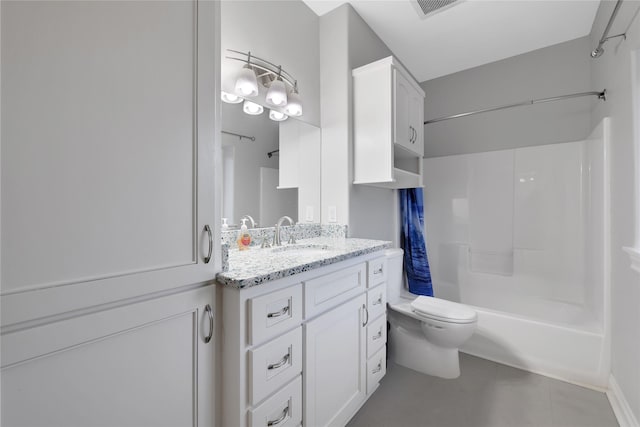 full bathroom featuring shower / tub combination, vanity, toilet, and tile patterned floors