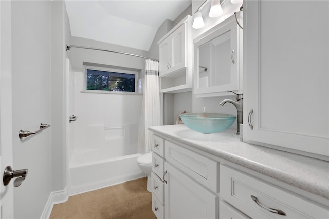 full bathroom featuring vanity, toilet, shower / tub combo, and vaulted ceiling