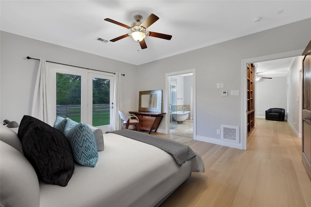 bedroom featuring connected bathroom, ceiling fan, light hardwood / wood-style floors, and access to exterior