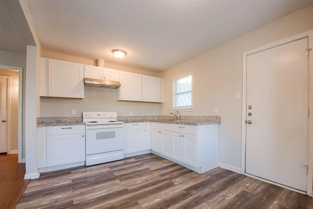 kitchen with white cabinets, dark hardwood / wood-style floors, light stone counters, and electric stove