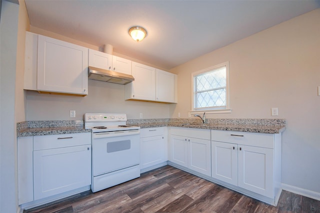 kitchen with light stone countertops, white range with electric stovetop, sink, white cabinets, and dark hardwood / wood-style floors