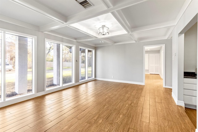 interior space with an inviting chandelier, beam ceiling, and coffered ceiling