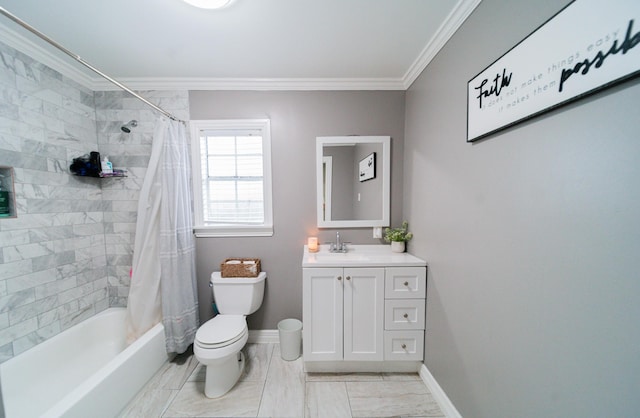 full bathroom featuring shower / bath combo, vanity, toilet, and crown molding