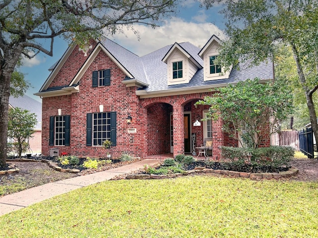 view of front of home with a porch and a front lawn