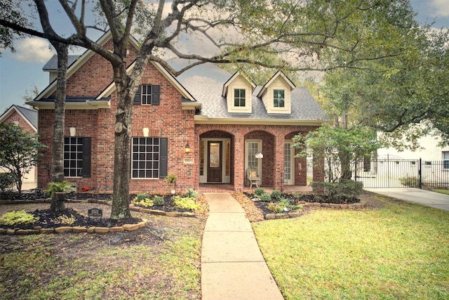 view of front of house featuring covered porch and a front lawn