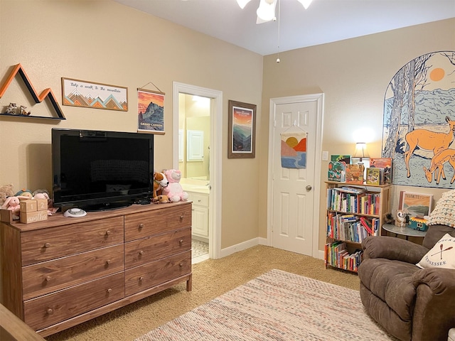 interior space featuring ceiling fan and light carpet