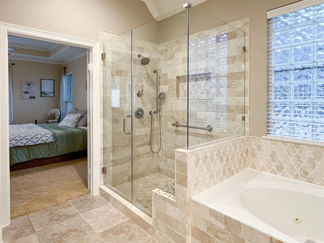 bathroom featuring crown molding and plus walk in shower