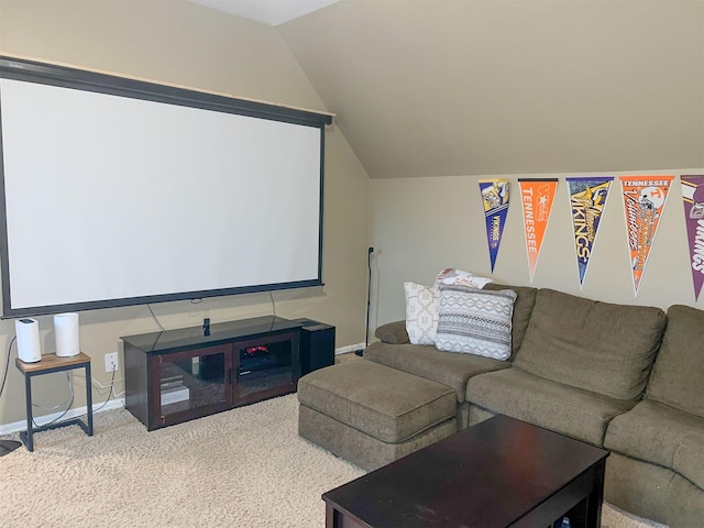 cinema with vaulted ceiling and light carpet