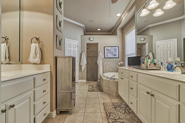 bathroom with tile patterned floors, vanity, separate shower and tub, and crown molding