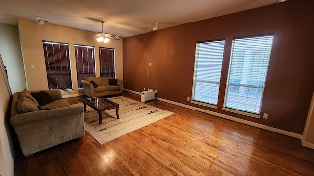 living room featuring ceiling fan and wood-type flooring