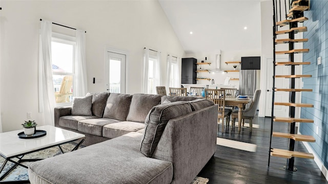 living room featuring dark hardwood / wood-style flooring and high vaulted ceiling