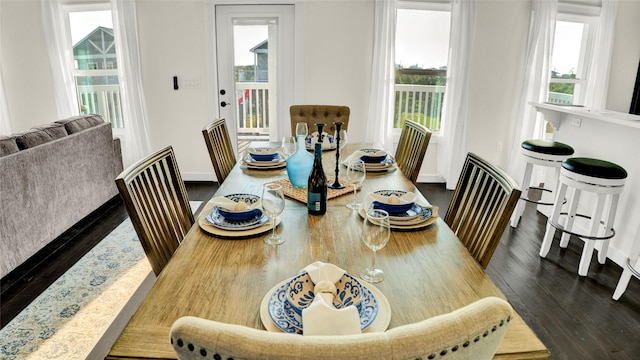 dining room featuring dark hardwood / wood-style flooring and a healthy amount of sunlight