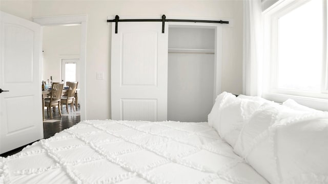 bedroom featuring a barn door and a closet