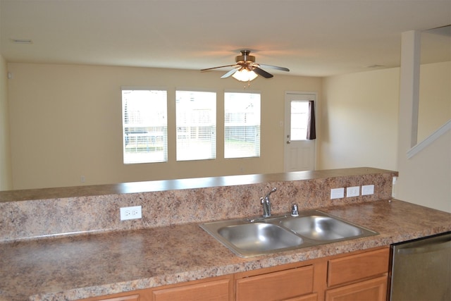 kitchen featuring ceiling fan, sink, and stainless steel dishwasher