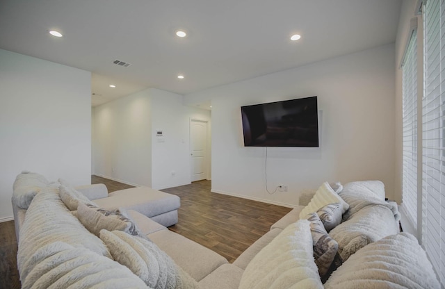 living room with dark hardwood / wood-style floors