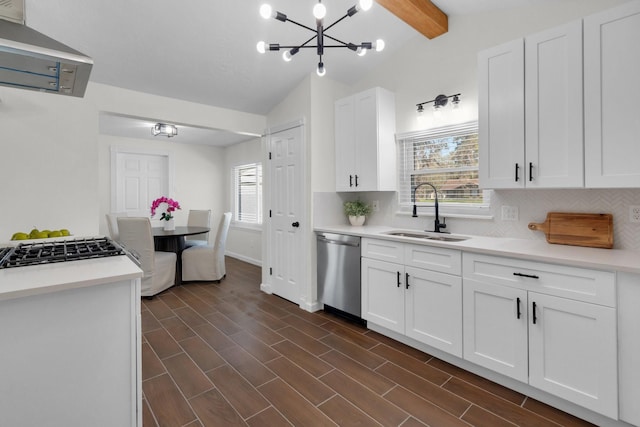 kitchen with dishwasher, white cabinets, tasteful backsplash, and sink