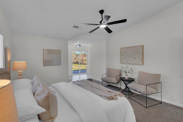 carpeted bedroom with access to outside and ceiling fan