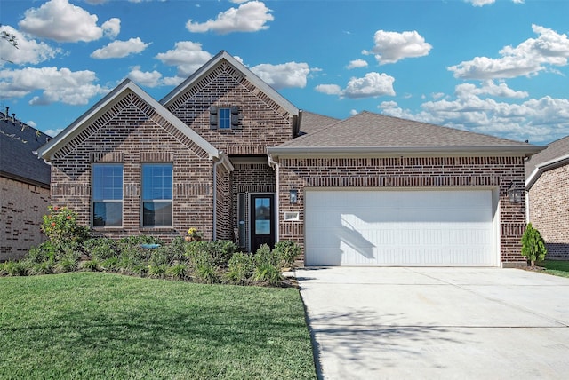 front facade with a front yard and a garage