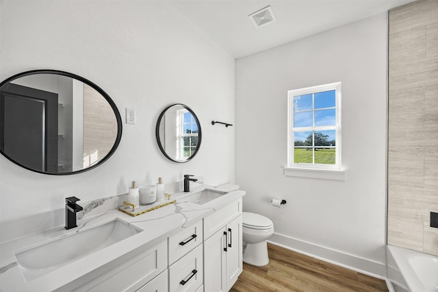 bathroom featuring hardwood / wood-style flooring, vanity, and toilet