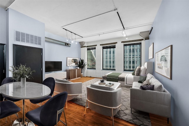 living room featuring rail lighting and hardwood / wood-style flooring