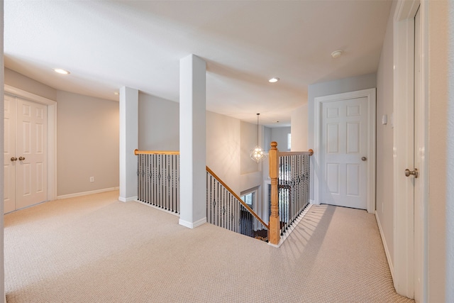 6114 Sienna Arbor Ln, Houston, TX 77041 - hallway with baseboards, recessed lighting, an upstairs landing, and carpet flooring