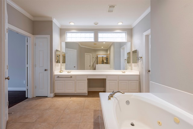 6114 Sienna Arbor Ln, Houston, TX 77041 - full bathroom featuring plenty of natural light, vanity, crown molding, and a jetted tub