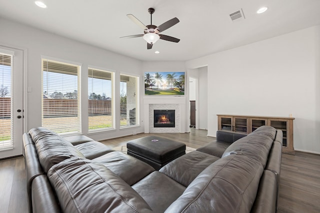 living room with ceiling fan and hardwood / wood-style floors