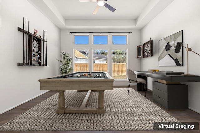 game room featuring ceiling fan, dark hardwood / wood-style flooring, and pool table