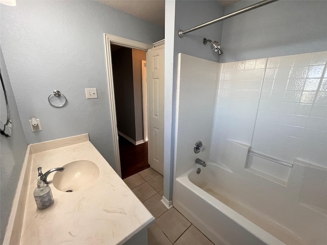 bathroom featuring shower / washtub combination, tile patterned flooring, and vanity