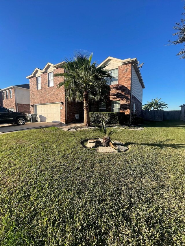 view of property exterior with a garage and a lawn