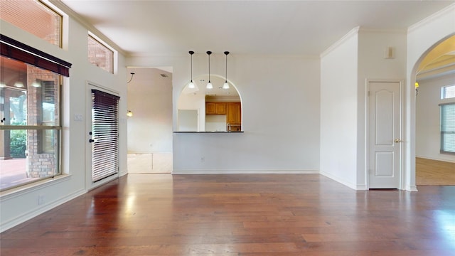 interior space featuring dark hardwood / wood-style floors and ornamental molding