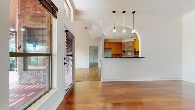 kitchen featuring light wood-type flooring, hanging light fixtures, and ornamental molding