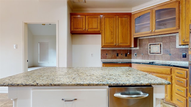 kitchen with ornamental molding, light stone countertops, black electric cooktop, and tasteful backsplash