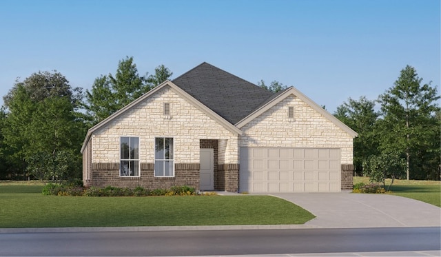 3020 Ruby Ridge Dr, Katy, TX 77493 - french provincial home with an attached garage, driveway, a front yard, brick siding, and stone siding