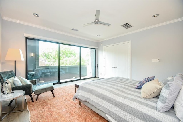 bedroom with access to exterior, ceiling fan, a closet, and crown molding