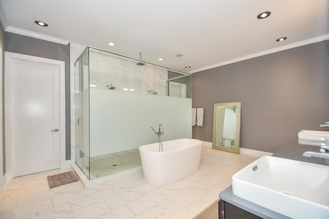 bathroom with crown molding, vanity, and independent shower and bath