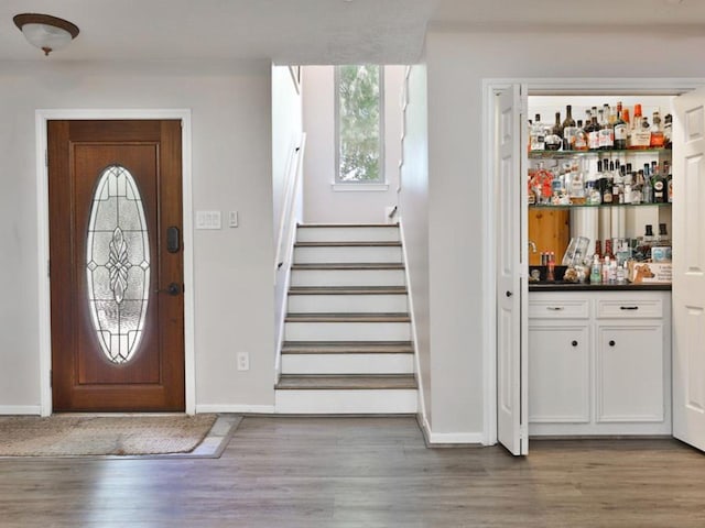 foyer featuring wood-type flooring and bar