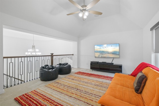 living area with vaulted ceiling, light carpet, and ceiling fan with notable chandelier