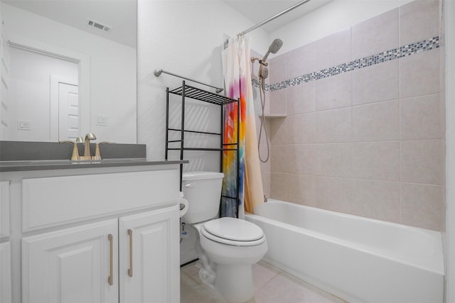 full bathroom featuring tile patterned flooring, shower / bath combination with curtain, toilet, and vanity