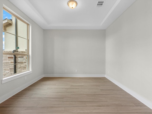 spare room with light hardwood / wood-style floors and a raised ceiling