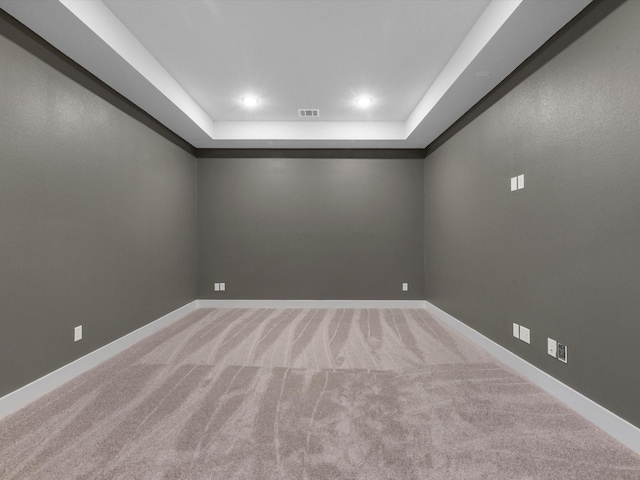 spare room featuring carpet flooring and a tray ceiling