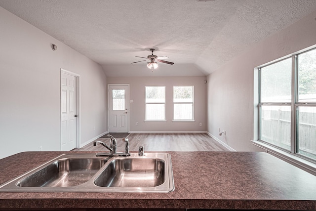 kitchen featuring ceiling fan, sink, light hardwood / wood-style flooring, a textured ceiling, and vaulted ceiling