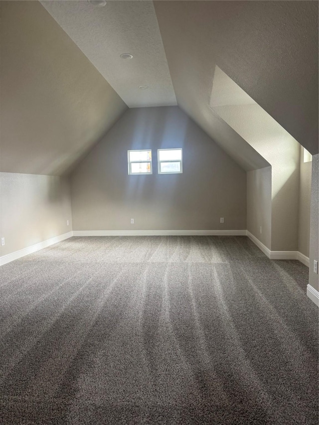 additional living space with a textured ceiling, carpet, and vaulted ceiling