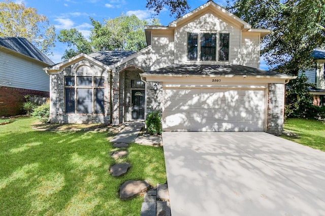 view of property featuring a front yard and a garage