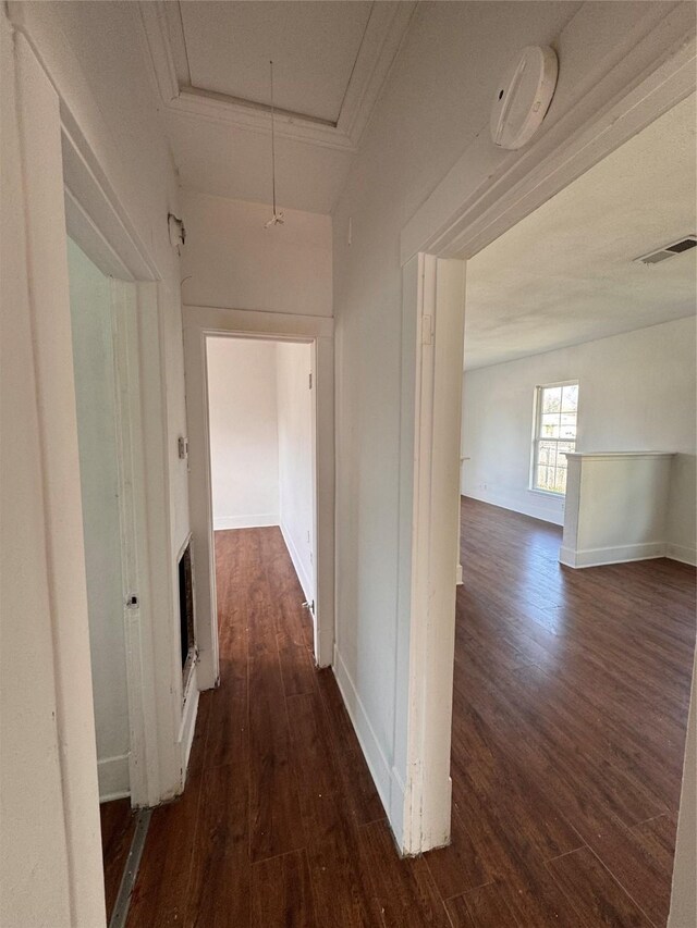 hall featuring dark hardwood / wood-style flooring and crown molding