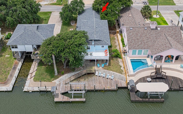 aerial view featuring a water view