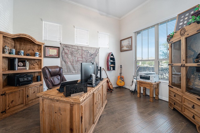 home office with ornamental molding and dark wood-type flooring