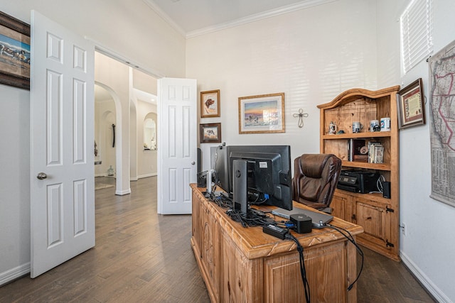 office area featuring ornamental molding and dark hardwood / wood-style flooring