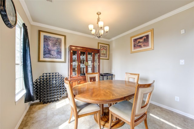 dining space featuring a healthy amount of sunlight, ornamental molding, light tile patterned floors, and a chandelier