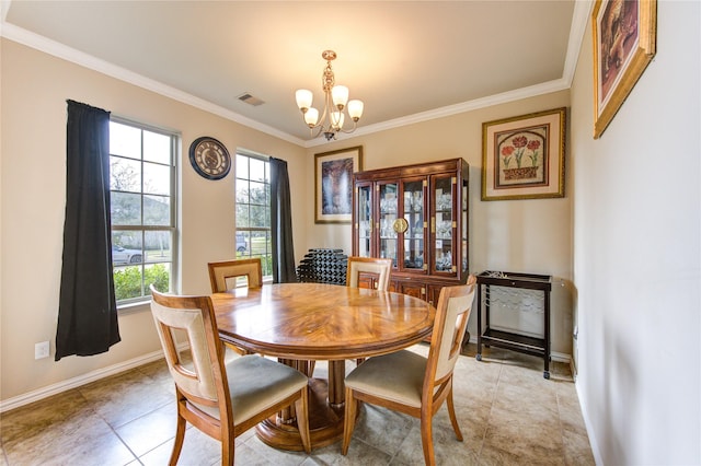 dining area with ornamental molding, light tile patterned floors, and an inviting chandelier